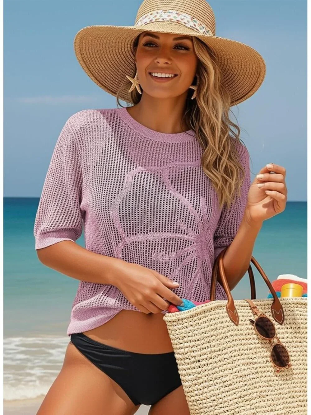 Women Pink Summer Short Hollow Out Floral Sweaters Beach Vacation Cruise Tops